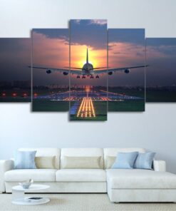 No Frame Airplane Aviation Sunset Landing 5 Piece Canvas Wall Art Home Decor