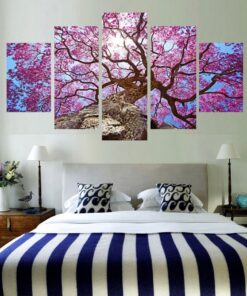 No Frame Tree Pink Leaves Sun Landscape Canvas Wall Home Decor Five Piece