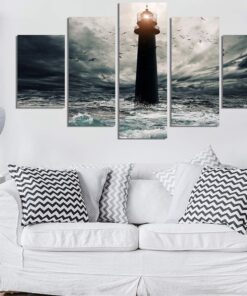 Lighthouse Ocean Waves Beach Wall Art Print Home Decor 5 Piece Canvas