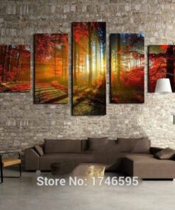 No Frame Red Trees Forest Sunshine Canvas Wall Art Home Decor Five Piece