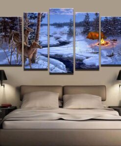 No Frame Deer Nature Camping Fire Wildlife Canvas Wall Art Print Decor 5 pc