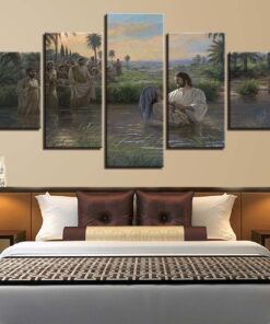 No Frame Jesus Baptizing Christian 5 Piece Canvas Wall Art Home Decor