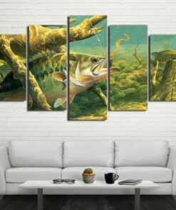 Large Mouth Bass Fishing No Frame Canvas Five Piece Wall Art 5 Panel Home Decor