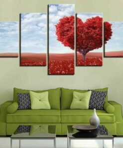 No Frame Red Heart Tree Field Five Piece Canvas Multi Panel Home Decor Art 5