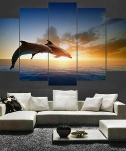 Dolphins Jumping Ocean Sunset Five Piece No Frame Canvas Multi Panel Home Decor