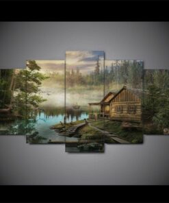 Elk Cabin Woods River Five Piece No Frame Canvas Multi Panel Home Decor Art