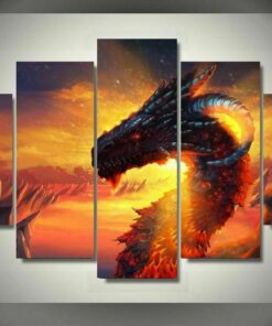 Fantasy Dragon Fire Five Piece No Frame Canvas Multi Panel Home Decor Wall