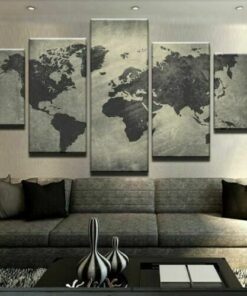 No Frame Modern World Map Office Five Piece Canvas Multi Panel Home Decor Art