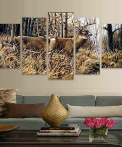 No Frame Buck Doe Deer Hunt Field Five Piece Canvas Multi Panel Home Decor Art