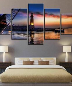 No Frame Ocean Lighthouse Sunset Five Piece Canvas Multi Panel Home Decor Art