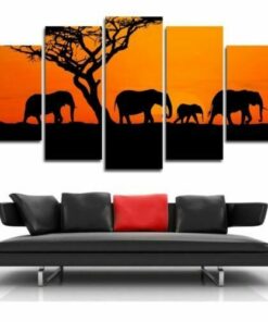 No Frame African Elephants Sunset Five Piece Canvas Multi Panel Home Decor Art