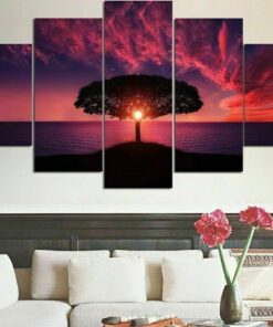 No Frame Tree Ocean Sunset Beautiful Five Piece Canvas Multi Panel Home Decor Art