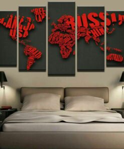 No Frame World Map Letters Nations Five Piece Canvas Multi Panel Home Decor Art 5