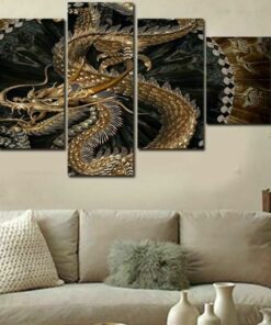 No Frame Oriental Golden Dragon Five Piece Canvas Multi Panel Home Decor Art 5