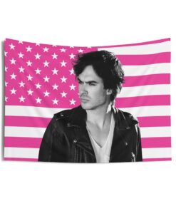 Damon Salvatore Ian Somerhalder Tapestries, Damon Salvatore Pink Flag, Ian Somerhalder Indoor Wall Tapestries