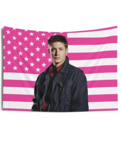 Dean Winchester Navy Cotton Jacket Tapestries, Jensen Ackles Pink Flag, Jensen Ackles as Dean Winchester Indoor Wall Tapestries