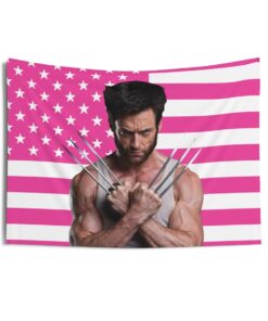 Wolverine Tapestries, Wolverine Pink Flag, Hugh Jackman as Wolverine Indoor Wall Tapestries