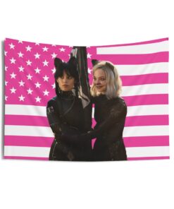 Jenna Ortega and Emma Myers feline-inspired costumes Tapestries, Jenna Ortega Pink Flag, Emma Myers Tapestries