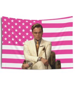 Leonardo DiCaprio as Jay Gatsby white suit Tapestries, Leonardo DiCaprio Pink Flag, Leonardo DiCaprio Indoor Wall Tapestries