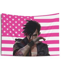 Vi (Arcane) wipes the blood Tapestries, Violet Arcane Pink Flag, Vi (Arcane) Indoor Wall Tapestries