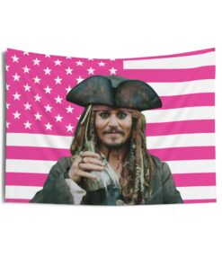 Captain Jack Sparrow and bottle of rum Tapestries, Jack Sparrow Pink Flag, Johnny Depp Indoor Wall Tapestries