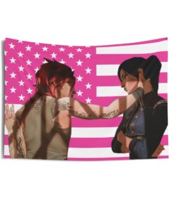 CaitVi (Arcane) Tapestries, Caitlyn Kiramman and Violet Arcane Pink Flag, Caitlyn Vi (Arcane) Indoor Wall Tapestries